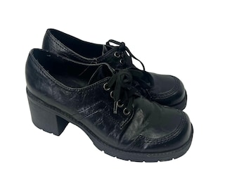 2 Lips Black Chunky Platform Oxford Lug Sole Block Heel Lace Up Shoes 8 Grunge