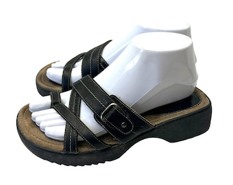 ヴィンテージ ユニオンベイ ブラック プラットフォーム スライドサンダル Y2K チャンキーウェッジ ストラップ付き サイズ7.5 グランジ