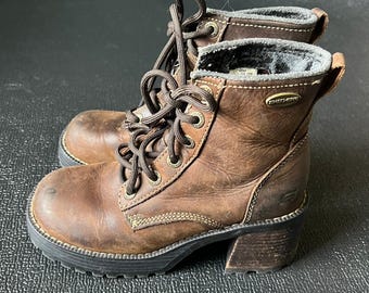 Skechers Brown Leather Chunky Platform Ankle Boots 90s Jammers Wom. 5 Grunge Y2k