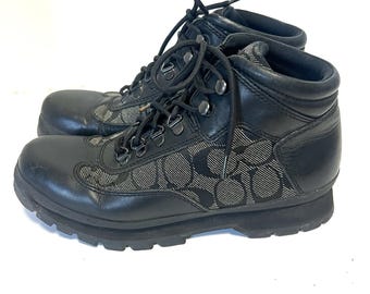 Botas de senderismo VTG Coach para mujer, talla 7.5, de cuero negro con monograma, estilo Gorpcore grueso Y2K
