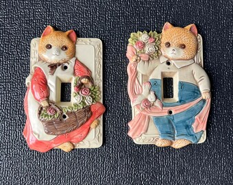 Juego de 2 tapas de interruptor de luz de cerámica con diseño de gato de Takahashi, Japón, estilo victoriano.