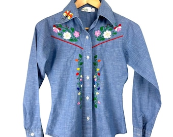 Camisa Chambray con diseño de rana limón de los años 70, estilo occidental, bordado de panda, talla XS/S, estilo cabaña