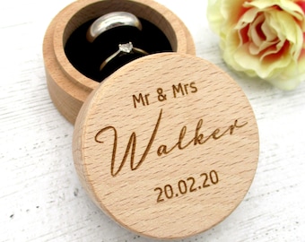 Personalised Engraving Wedding Ring Box, Wooden Beechwood Engraved Ring Holder Box for Two Rings with Double Cut Pillow, Cushion
