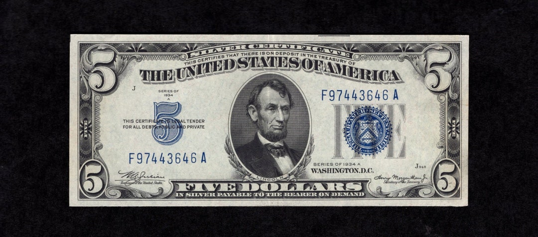 5 Dollar 1934A Silver Certificate Silver Fr 1651 Authentic