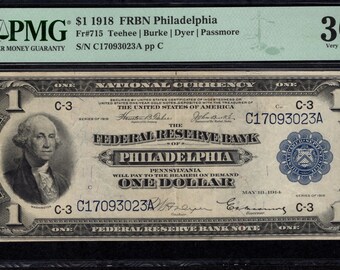 1 Dollar 1918 FRBN of Philadelphia - Federal Reserve Bank Note - Philly - Authentic Collectible Currency - PMG 30 Very Fine