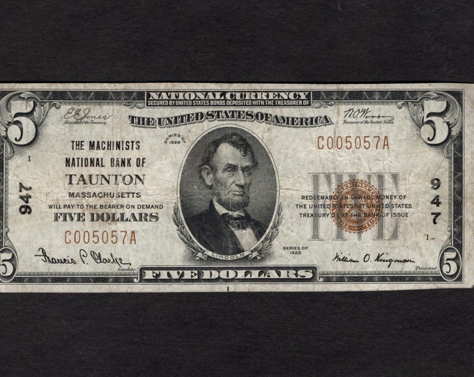 5 Dollar 1929 T1 Machinists National Bank of Taunton, MA National Banknote Authentic Collectible