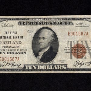 10 Dollar 1929 FNB of Freeland, PA National Bank Note - National Currency - Freeland - Collectible Currency - Very Fine