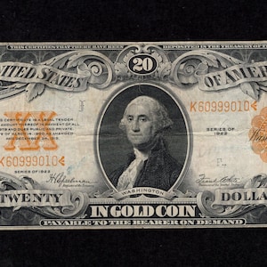 Billet de 20 dollars en or de 1922 - Certificat d'or - Billet de collection - Très bon état