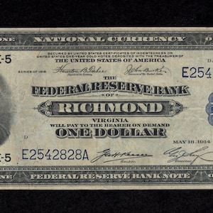 1 Dollar 1918 FRBN of Richmond - Bundes-Reserve Bank Note - Richmond - authentische Sammlermünze - sehr schön