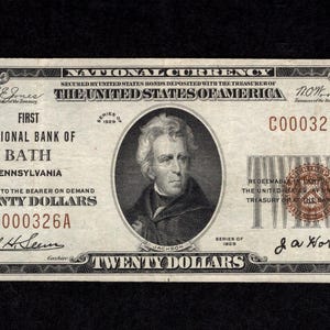 20 Dollar 1929 Dollar FNB of Bath, PA National Bank Note - National Currency - Collectible Currency - Very Fine