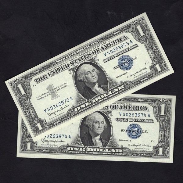 2 Consecutive Notes Set - 1 Dollar 1957B Silver Certificate - Silvers - Consecutive - Choice Crisp UNC