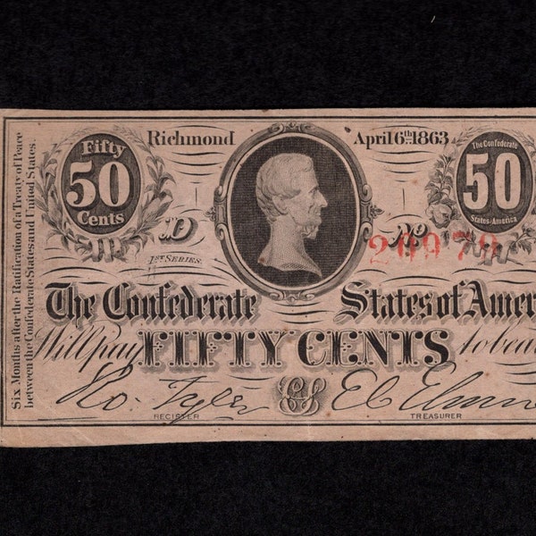 50 Cent 1863 CSA - Confederate Note - Civil War - Authentic Collectible Currency - Very Fine