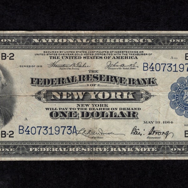 1 Dollar 1918 FRBN of New York - Federal Reserve Bank Note - Fr 712 - Authentic Collectible Currency - About Very Fine w/ tear