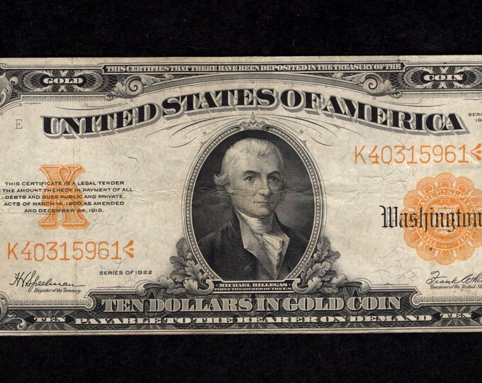 10 Dollar 1922 Gold Certificate - Collectible Currency - Very Fine - Etsy