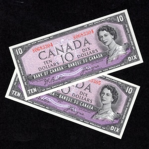 2 Consecutive - 10 Dollar 1954 Bank of Canada - Queen Elizabeth Modified Portrait - Canada - Ottawa - Authentic Collectible Currency - UNC