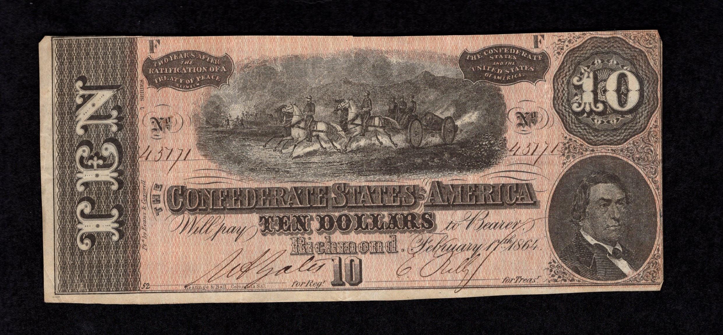 アメリカ連合国 1864年　南北戦争　10ドル紙幣　外国紙幣　世界のお札 アメリカ連合国 1864年 南北戦争 10ドル紙幣 外国紙幣 世界のお札