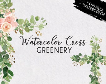 Watercolor Flowers Cross clipart Greenery Baptism Wedding- Personal use