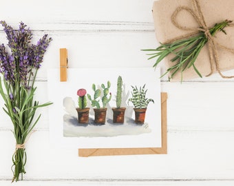 4 Cactus on Vase - 3 Flat cards printed with an original handmade watercolor painting - Note cards - Stationary prints