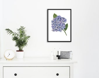 Blue Hydrangea - Wall décor print of an original handmade watercolor/ink mixed media painting - Watercolor, Giclée paper, or Canvas