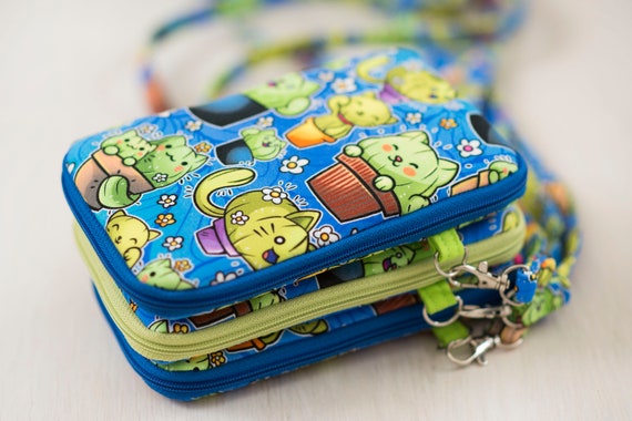 Small Crossbody Bag. Blue Cell Phone Bag. Cell Phone Wallet. Cat