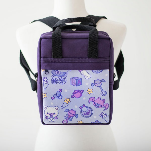 Purple Mini Backpack. Small Canvas Backpack. Mini Making Backpack. Baby Bat Backpack. Baby Goth Diaper Bag.  Baby Goth Backpack Purse. 875