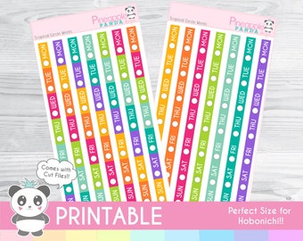 Tropical Week Date Strips - circle Weekly - Printable Planner Stickers - Hobo Weeks Hobonichi Bullet Journal - Digital - Functional Rainbow