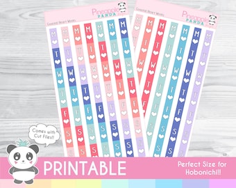 Coastal Week Date Strips - Heart Weekly - Printable Planner Stickers - Hobo Weeks Hobonichi Bullet Journal - Digital - Functional Rainbow