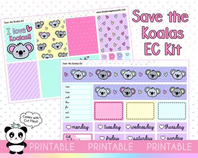 May include: Printable planner stickers featuring cute koala illustrations. The stickers are in a pastel color scheme with pink, yellow, blue, and purple. The stickers include a weekly planner, daily planner, and various other decorative elements. The text "Save the Koalas EC Kit" is featured on the sticker sheet.