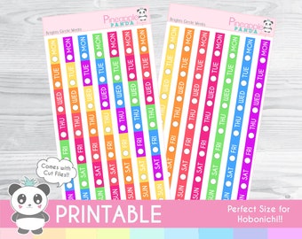 Bright Week Date Strips - circle Weekly - Printable Planner Stickers - Hobo Weeks Hobonichi Bullet Journal - Digital - Functional Rainbow