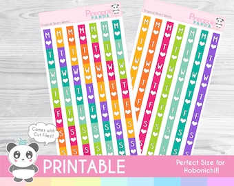 Tropical Week Date Strips - Heart Weekly - Printable Planner Stickers - Hobo Weeks Hobonichi Bullet Journal - Digital - Functional Rainbow