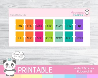Tropical Monthly Tabs - Printable Planner Stickers - Hobo - Hobonichi - Erin Condren - Happy Planner - Bullet Journal
