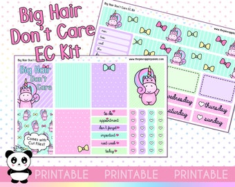 PRINTABLE Big Hair don't Care - Erin Condren EC Kit - Happy Planner Weekly Planner Stickers - Print Pression Bullet Journal  Unicorn digital