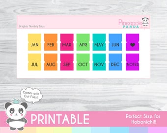 Brights Monthly Tabs - Printable Planner Stickers - Hobo - Hobonichi - Erin Condren - Happy Planner - Bullet Journal