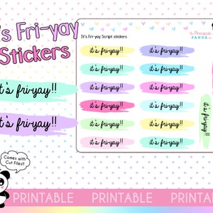 Puede incluir: Pegatinas imprimibles con el texto "It's Fri-yay!" en una variedad de colores pastel. Las pegatinas están diseñadas con un efecto de pinceladas y son perfectas para agregar un toque de diversión a tu agenda, diario o computadora portátil.