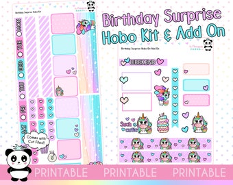 PRINTABLE Birthday Surprise - Hobonichi Weeks Kit - Weekly Planner Stickers - Hobo Weeks Hobonichi Bullet Journal Unicorn Celebration