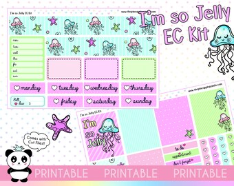 May include: Printable planner stickers featuring a jellyfish theme. The stickers are pink, blue, and green with a white background. The stickers include a weekly planner, daily planner, and a variety of other stickers with jellyfish, stars, and hearts.