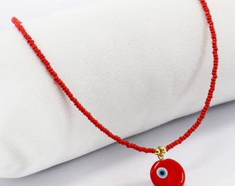Red Evil Eye Charm Beaded Necklace, Handmade Evil Eye Red Necklace, Red Evil Eye Choker Necklace, Gift for Her