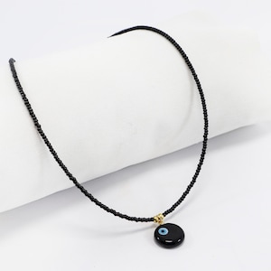 Black Evil Eye Charm Beaded Necklace, Handmade Evil Eye Black Necklace, Black Necklace Gift, Goodluck Pendant