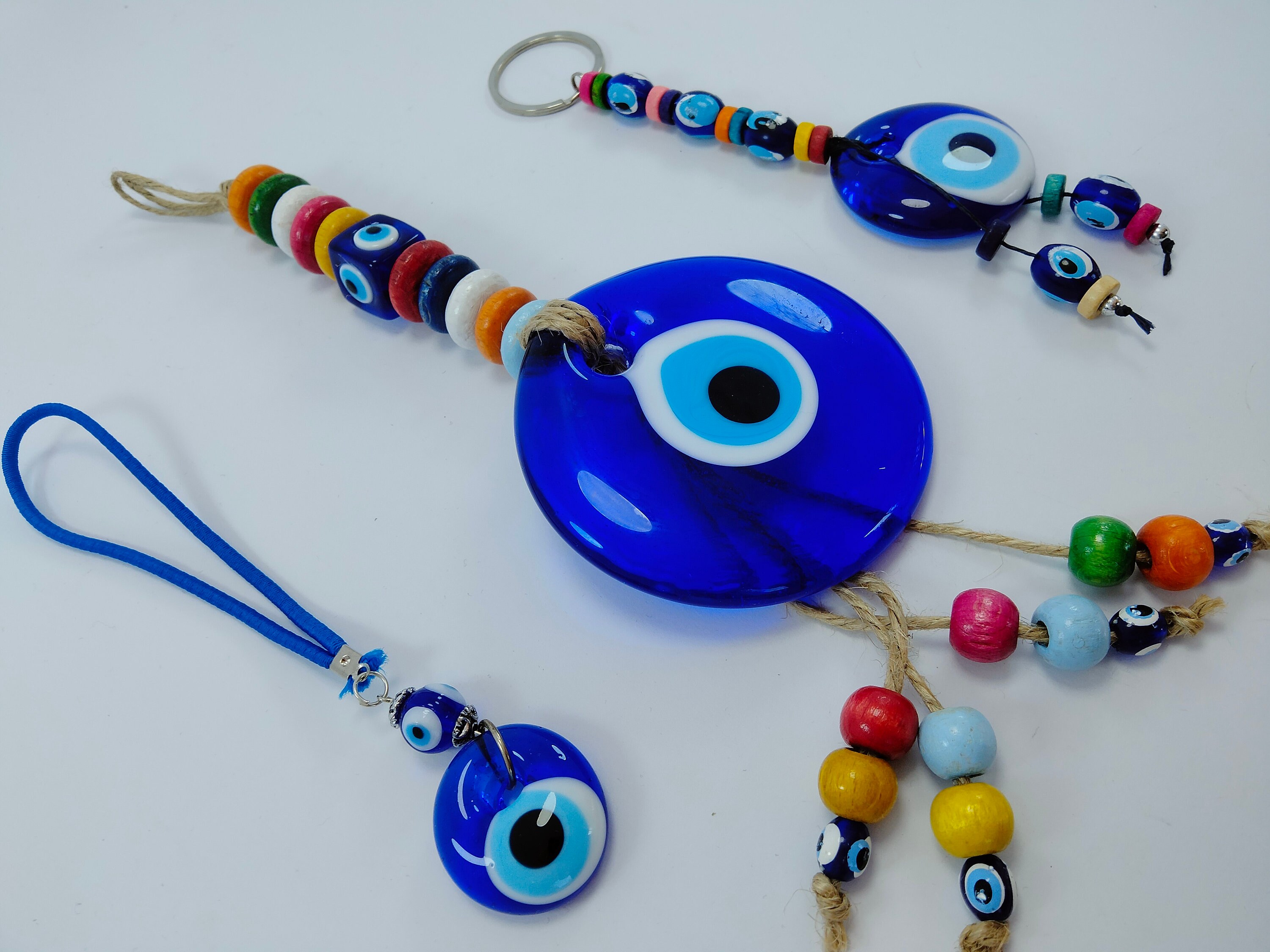 Glass Evil Eye Bead Gift Set of 3 Turkish Handmade Amulets Nazar Boncugu  Boho Home Decor Key Holder Magnet 