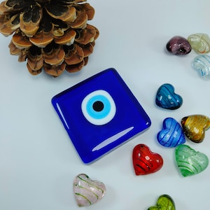 Square Glass Evil Eye Without a Hole,Turkish Handmade Big Amulet, Nazar Home Decor, Boho Home Decor, Goodluck Protector