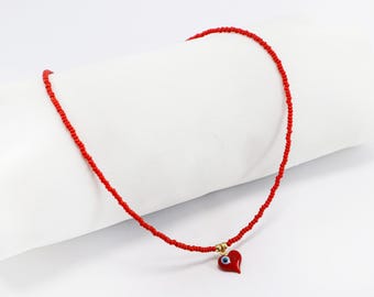 Red Evil Eye Charm Beaded Necklace, Handmade Evil Eye Red Necklace, Red Heart Evil Eye Choker Necklace, Gift for Her