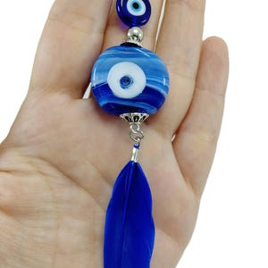 Dark Blue Evil Eye Glass Bead Car Decor, Turkish Handmade Big Amulet with a Feather, Nazar Charms, Greek Eye, Eye of Protection