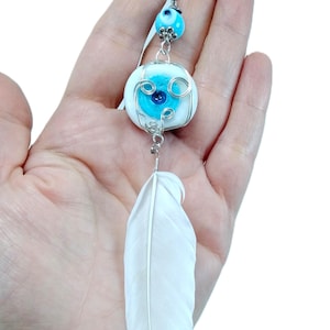 White Evil Eye Glass Bead Car Decor, Turkish Handmade Big Amulet with a Feather, Nazar Charms, Greek Eye, Eye of Protection Car Hanging