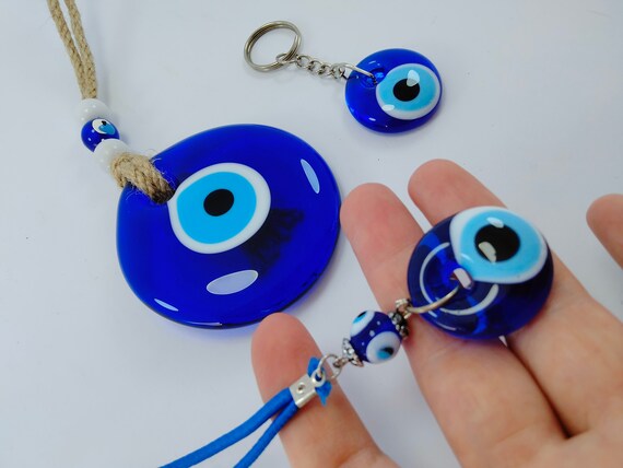 EnneaArt Glass Evil Eye Bead Gift Set of 3 Turkish Handmade Amulets Nazar Boncugu Boho Home Decor + Key Holder + Magnet