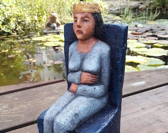 Clay figurine, handmade ceramic sculpture, queen, woman with crown on throne, unique, decoration garden and house, handpainted, handmade