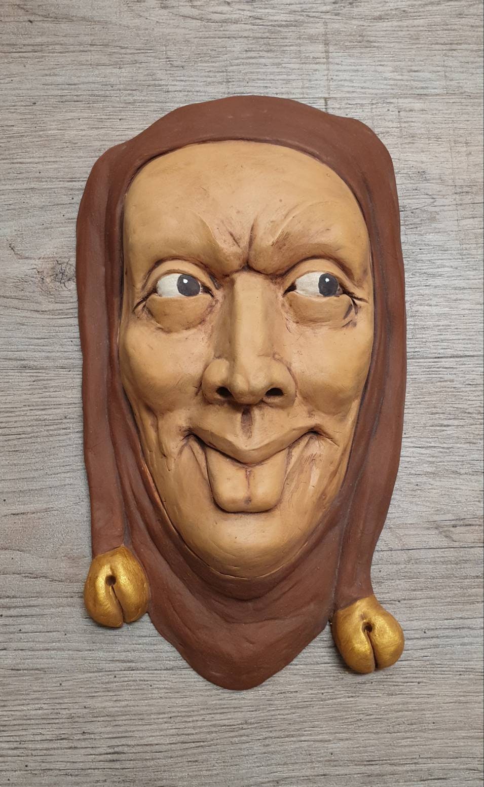 Clay Figure, Handmade Ceramic Sculpture, Harlequin Head, Wall Relief