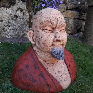 Clay figure, unique, handmade ceramic sculpture, smiling monk, home & garden decoration, characteristic male head, handicraft