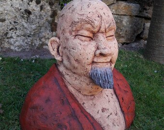 Clay figure, unique, handmade ceramic sculpture, smiling monk, decoration house & garden, characteristic men's head, crafts