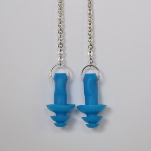 May include: A pair of blue silicone earplugs with a silver chain attached to each. The chains have a silver clasp at the top.