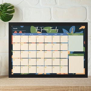 Framed Family Planner Dry Erase White Board, Personalized Monthly Calendar with Retro Flowers Housewarming New Home Gift Organizational Gift